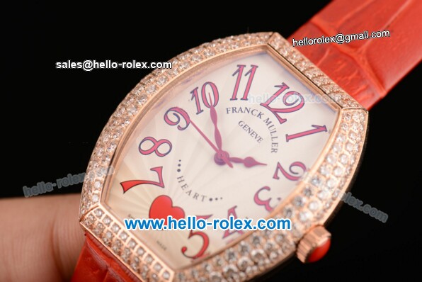 Franck Muller Heart Swiss Quartz Rose Gold Case with Red Leather Strap Diamond Bezel and White Dial - ETA Coating - Click Image to Close